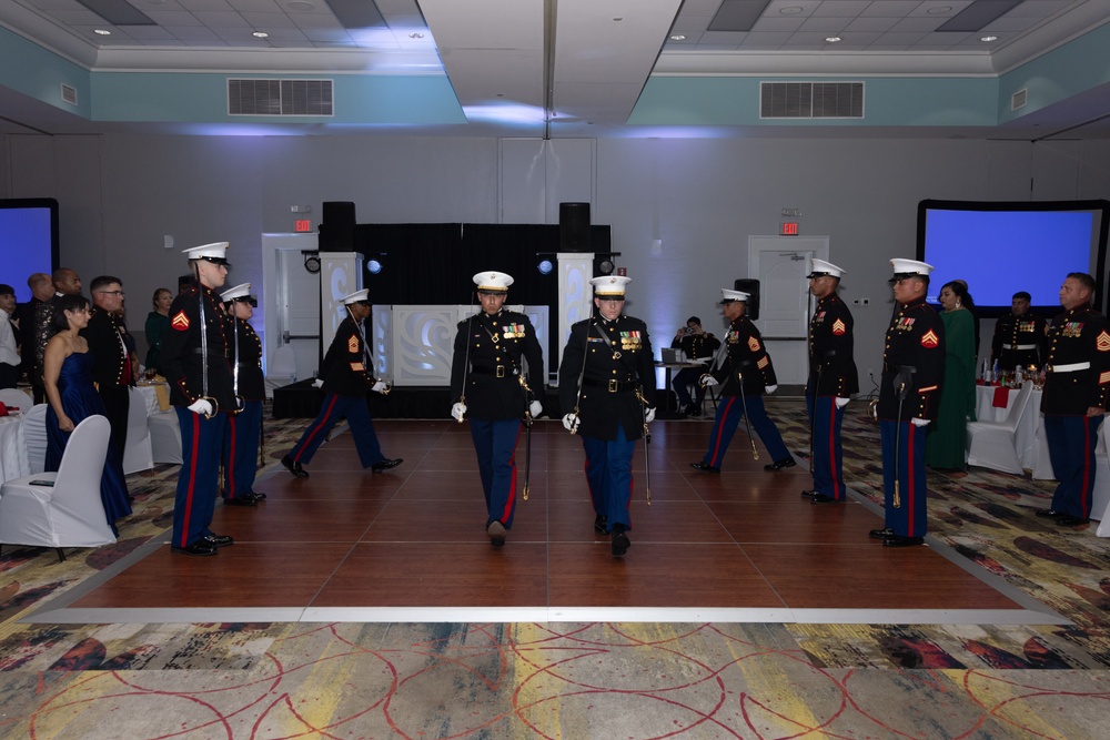 Marines with Marine Corps Combat Service Support Schools celebrate the 249th birthday of the Marine Corps