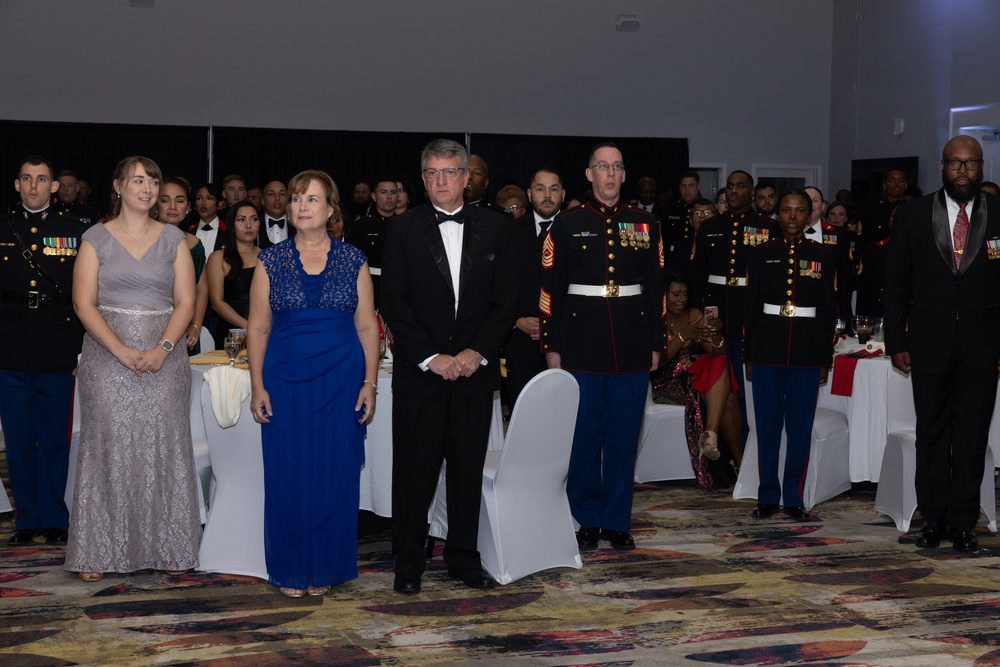 Marines with Marine Corps Combat Service Support Schools celebrate the 249th birthday of the Marine Corps