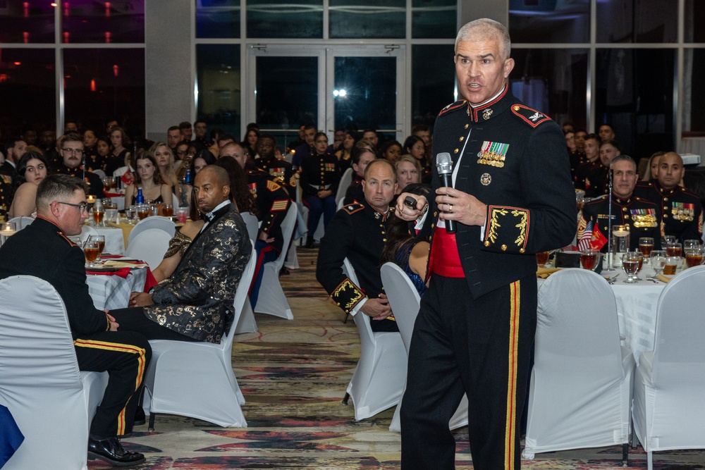 Marines with Marine Corps Combat Service Support Schools celebrate the 249th birthday of the Marine Corps