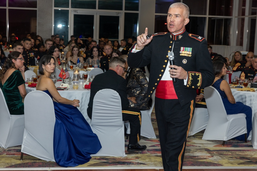 Marines with Marine Corps Combat Service Support Schools celebrate the 249th birthday of the Marine Corps