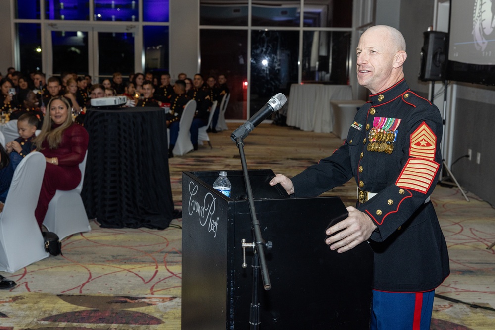 Marines with Marine Corps Combat Service Support Schools celebrate the 249th birthday of the Marine Corps