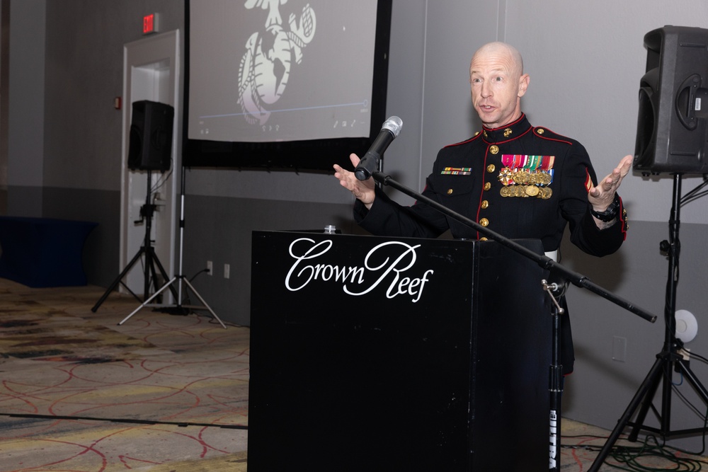 Marines with Marine Corps Combat Service Support Schools celebrate the 249th birthday of the Marine Corps