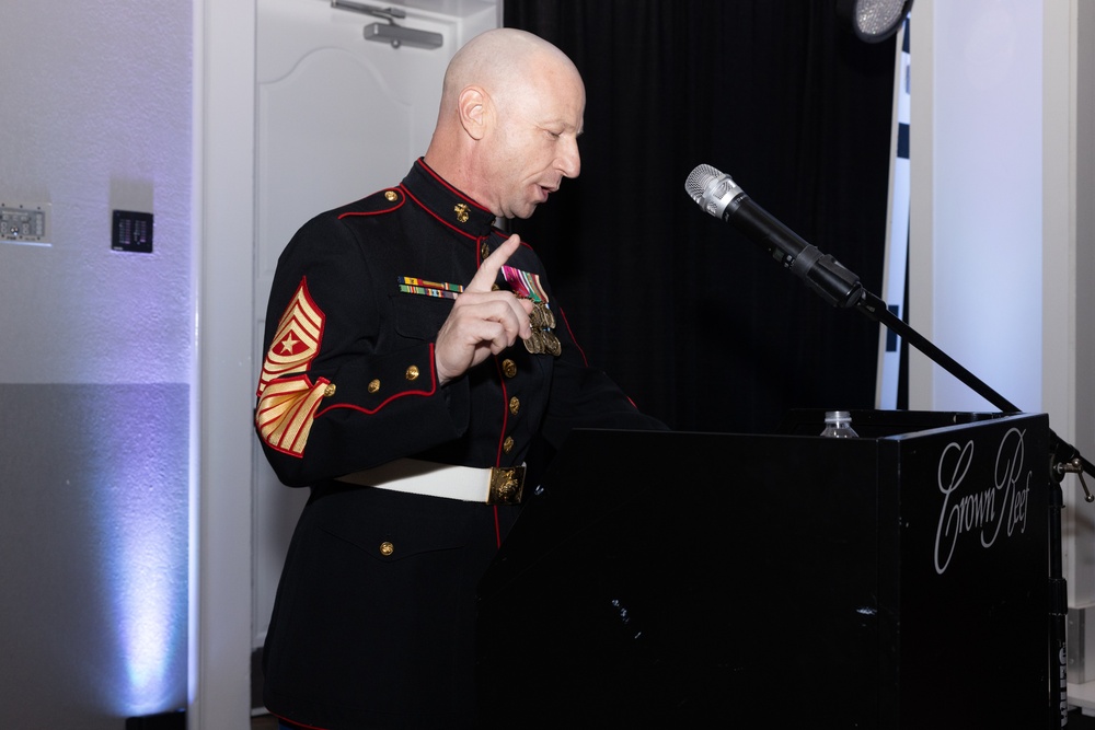 Marines with Marine Corps Combat Service Support Schools celebrate the 249th birthday of the Marine Corps