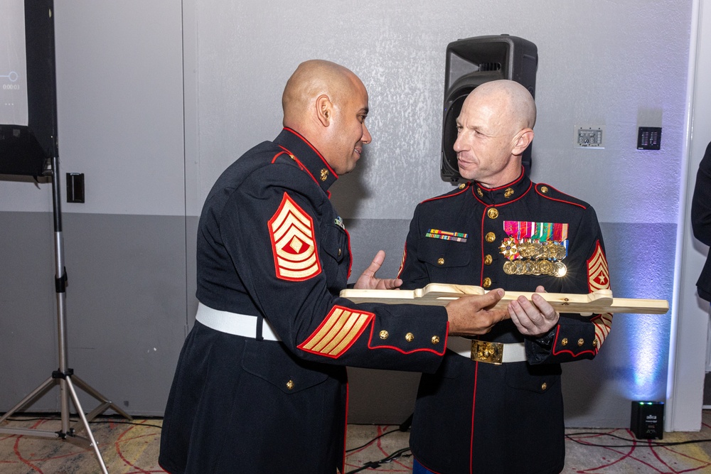 Marines with Marine Corps Combat Service Support Schools celebrate the 249th birthday of the Marine Corps