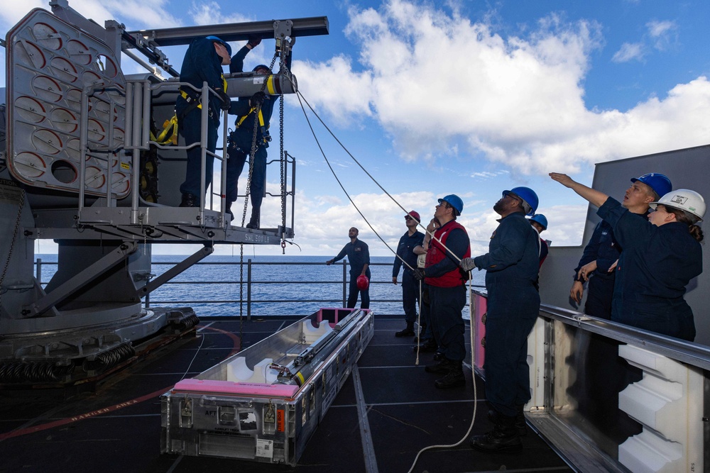 USS Gerald R. Ford (CVN 78) Sailors Load RAM Launcher