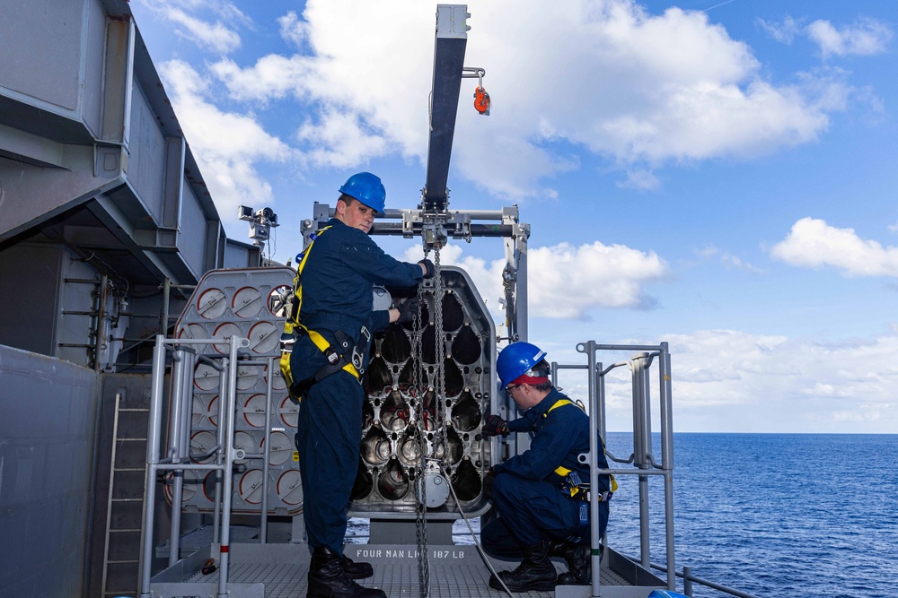 USS Gerald R. Ford (CVN 78) Sailors Load RAM Launcher