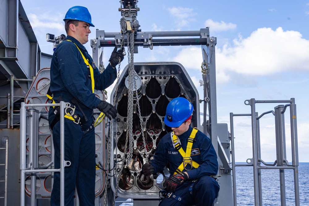 USS Gerald R. Ford (CVN 78) Sailors Load RAM Launcher