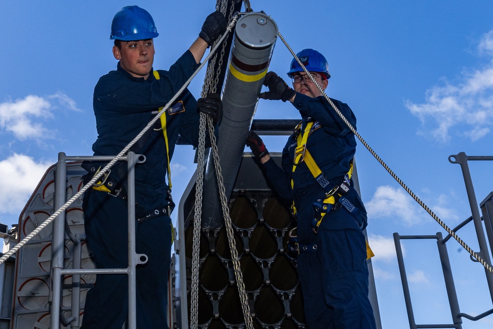 USS Gerald R. Ford (CVN 78) Sailors Load RAM Launcher