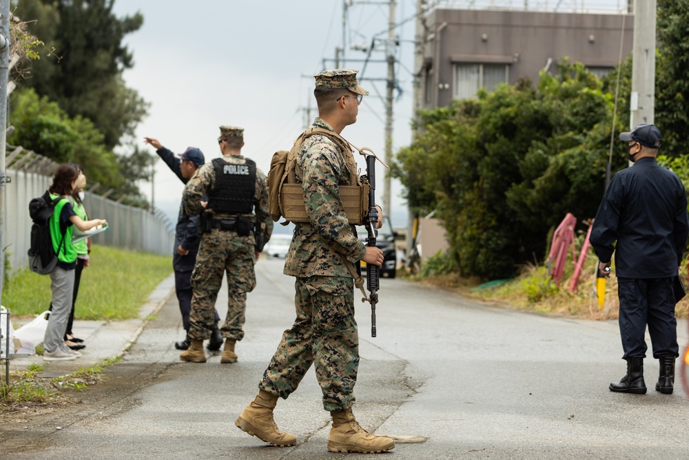 US Marines and Kin Town residents conduct a Tsunami Evacuation Drill on Camp Hansen