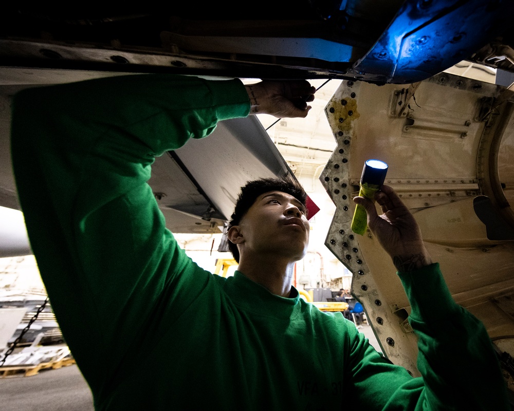 VFA 31Tomcatters Perform Maintenance in USS Gerald R. Ford's (CVN 78) Hangar Bay