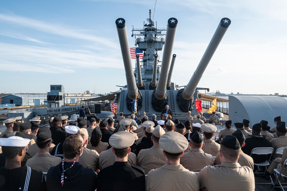 Sailors with USS John Basilone (DDG 122) visit USS New Jersey