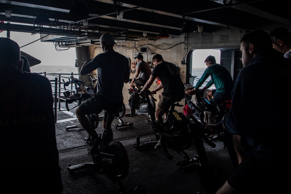 USS Ronald Reagan (CVN 76) Sailors participate in a Cycle-to-End-the-Cycle challenge