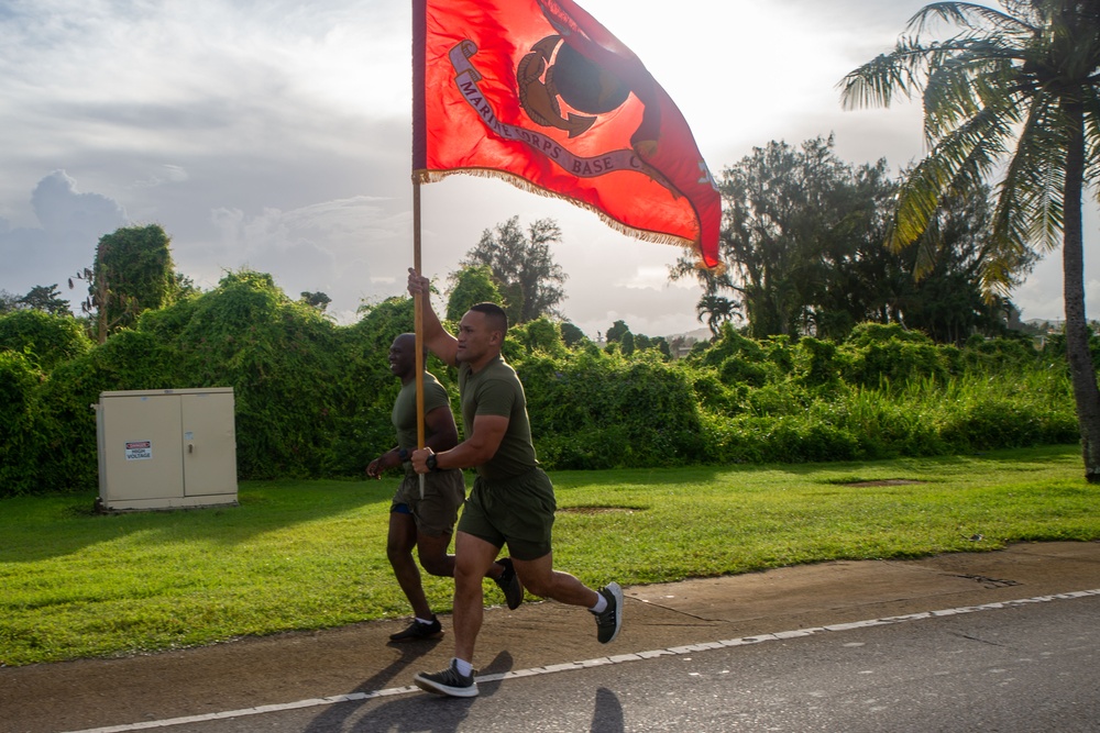 Marines with Camp Blaz participate in the 249th Marine Corps Birthday Ball run