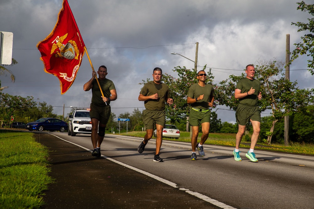 Marines with Camp Blaz participate in the 249th Marine Corps Birthday Ball run