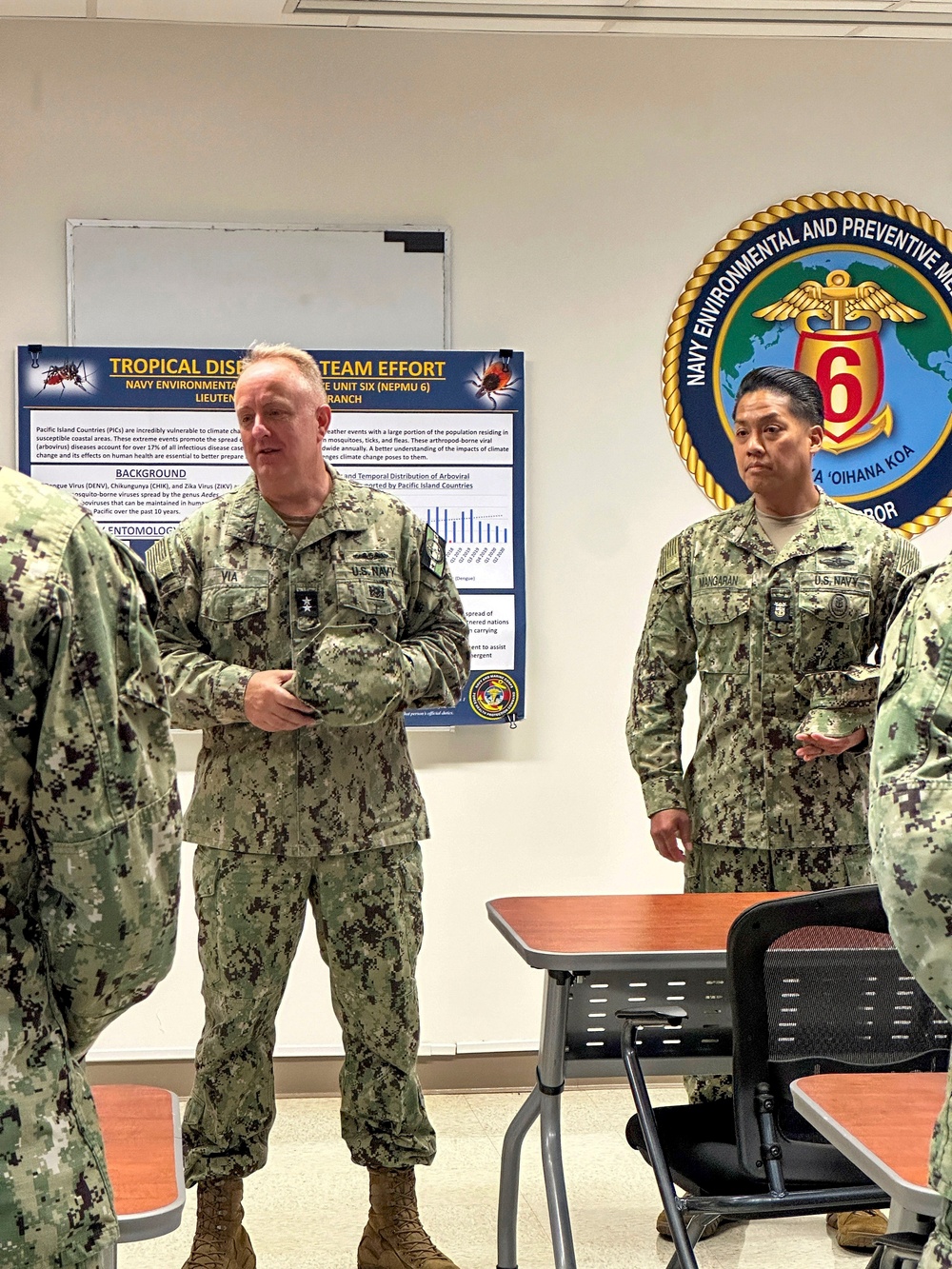 Navy Surgeon General Rear Admiral Darin Via and BUMED Force Master Chief PatrickPaul Mangaran toured Forward Deployable Preventive Medicine Unit Six