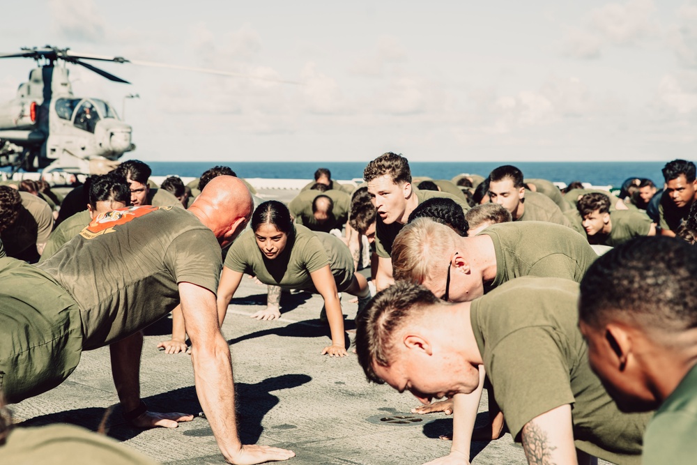 Blue-Green Team: 15th MEU Sergeants, USS Boxer Petty Officers Conduct Flight Deck PT