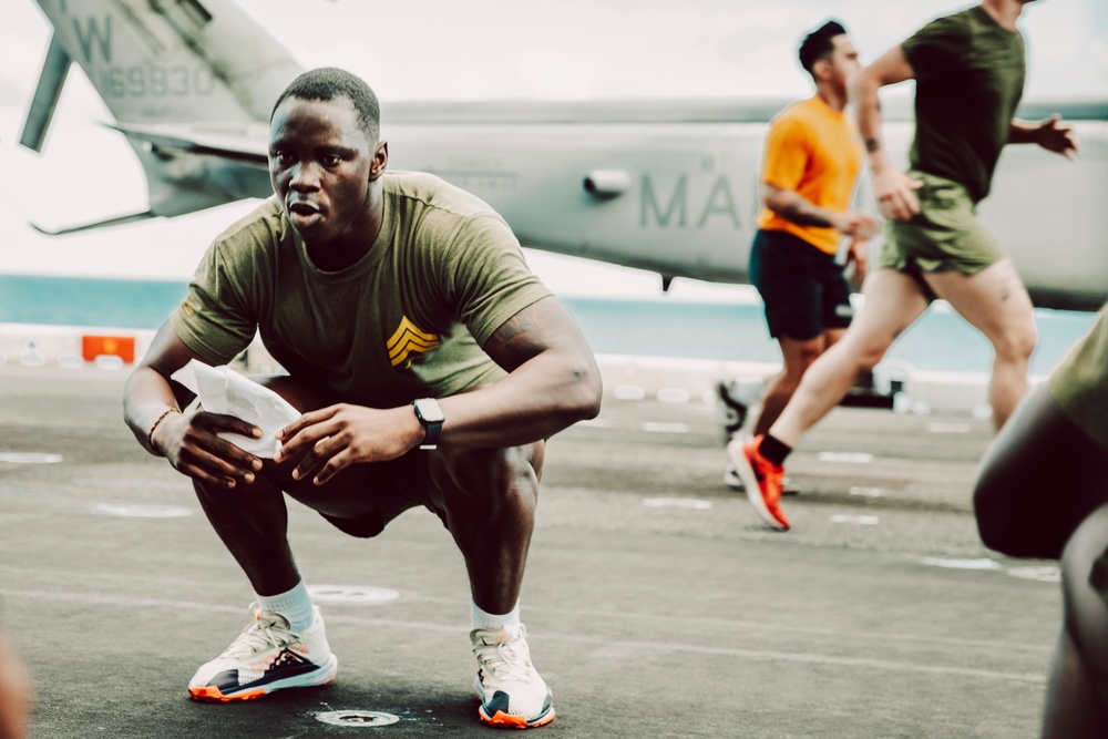 Blue-Green Team: 15th MEU Sergeants, USS Boxer Petty Officers Conduct Flight Deck PT