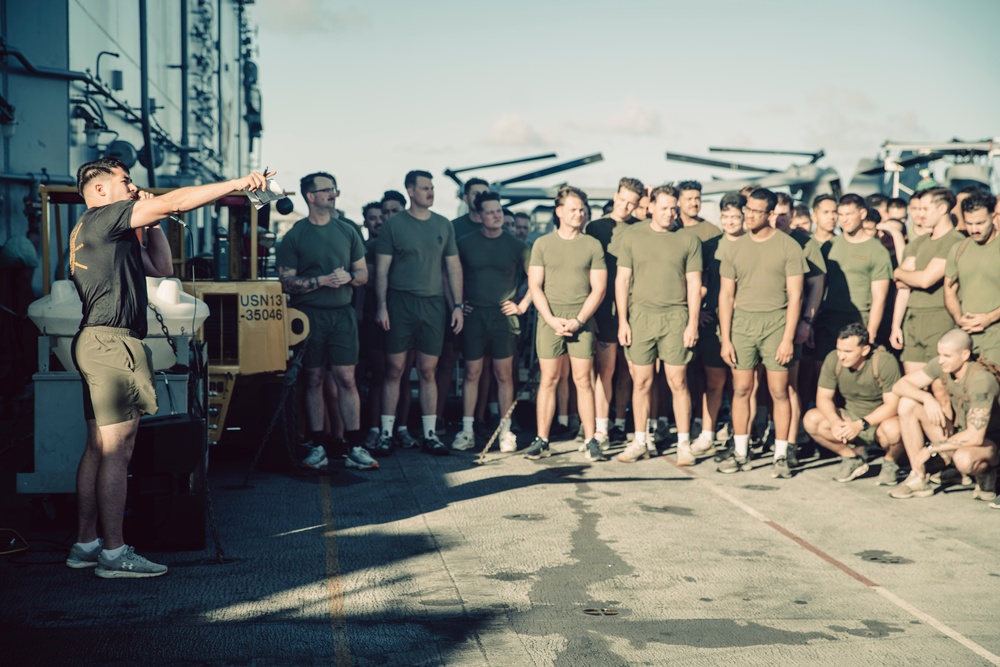 Blue-Green Team: 15th MEU Sergeants, USS Boxer Petty Officers Conduct Flight Deck PT