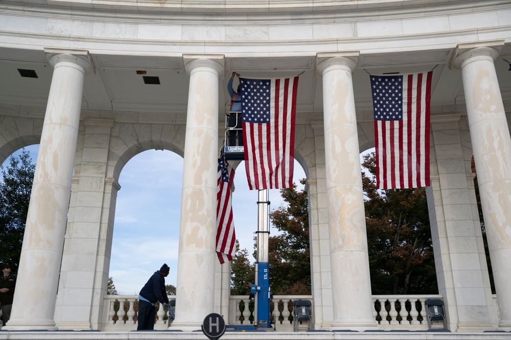 U.S. Flags are Hung in the Memorial Amphitheater in Preparation for the 2024 National Veterans Day Observance