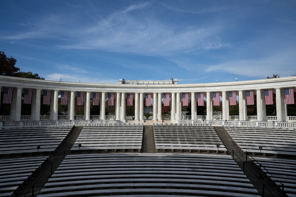 U.S. Flags are Hung in the Memorial Amphitheater in Preparation for the 2024 National Veterans Day Observance