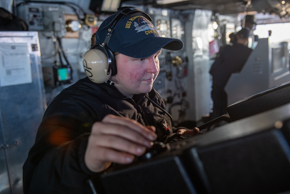 USS Ronald Reagan (CVN 76) Sailors perform bridge operations