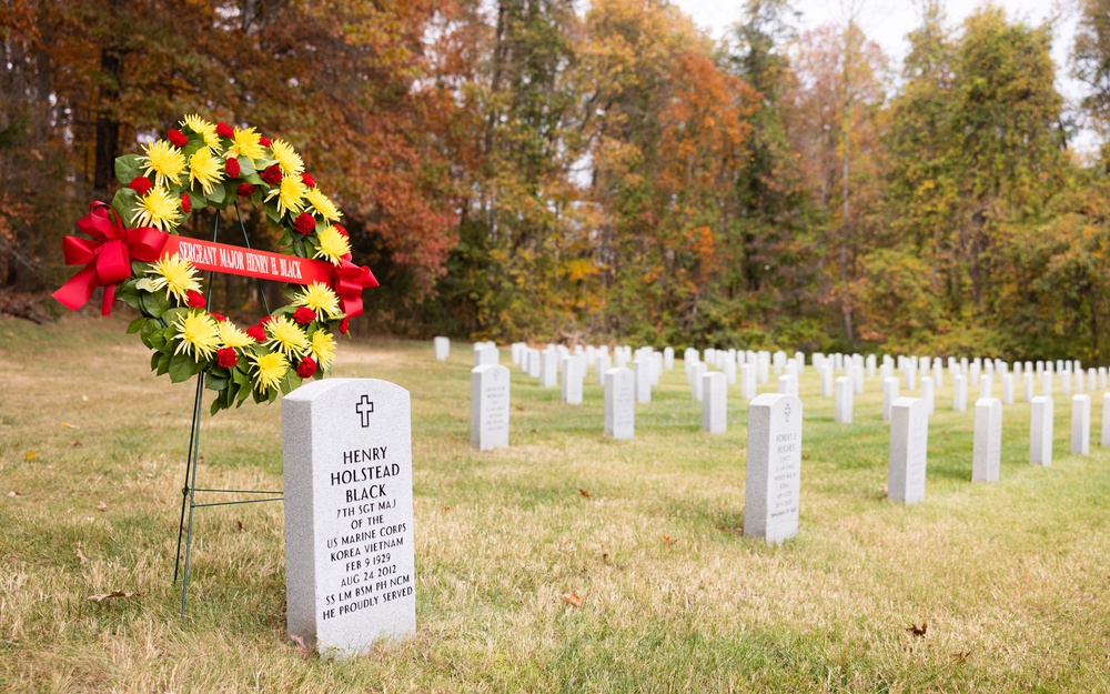 Honoring the fallen: U.S. Marines conduct a wreath laying ceremony to honor the seventh Sergeant Major of the Marine Corps