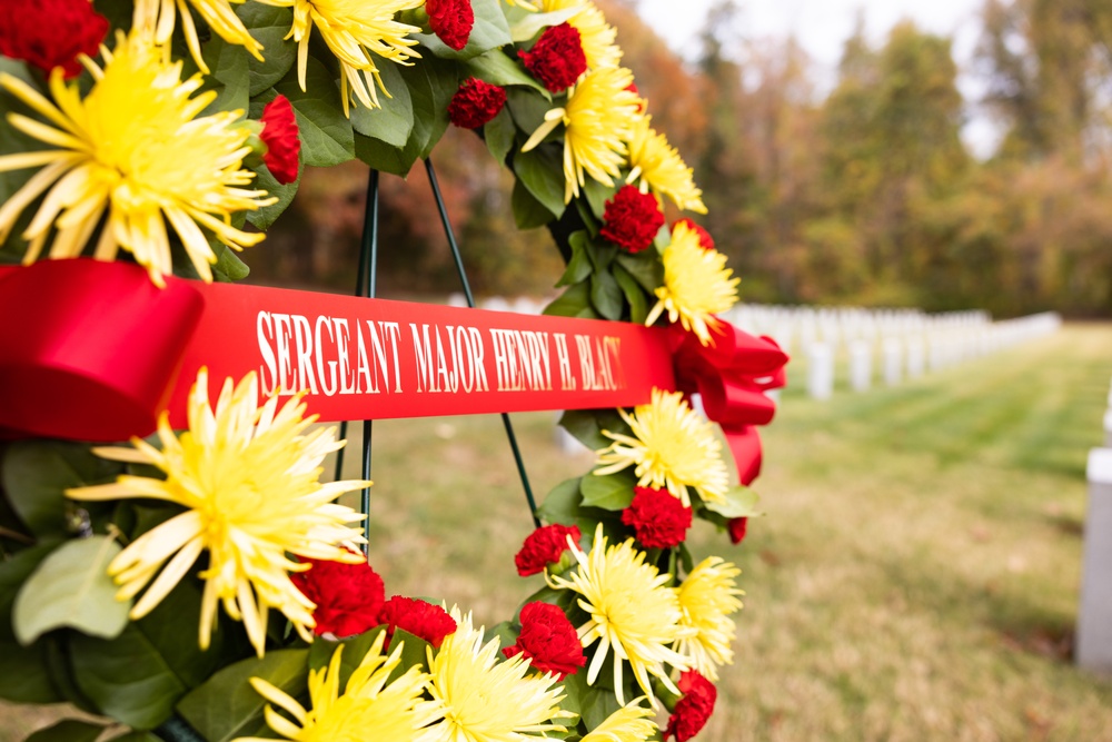 Honoring the fallen: U.S. Marines conduct a wreath laying ceremony to honor the seventh Sergeant Major of the Marine Corps