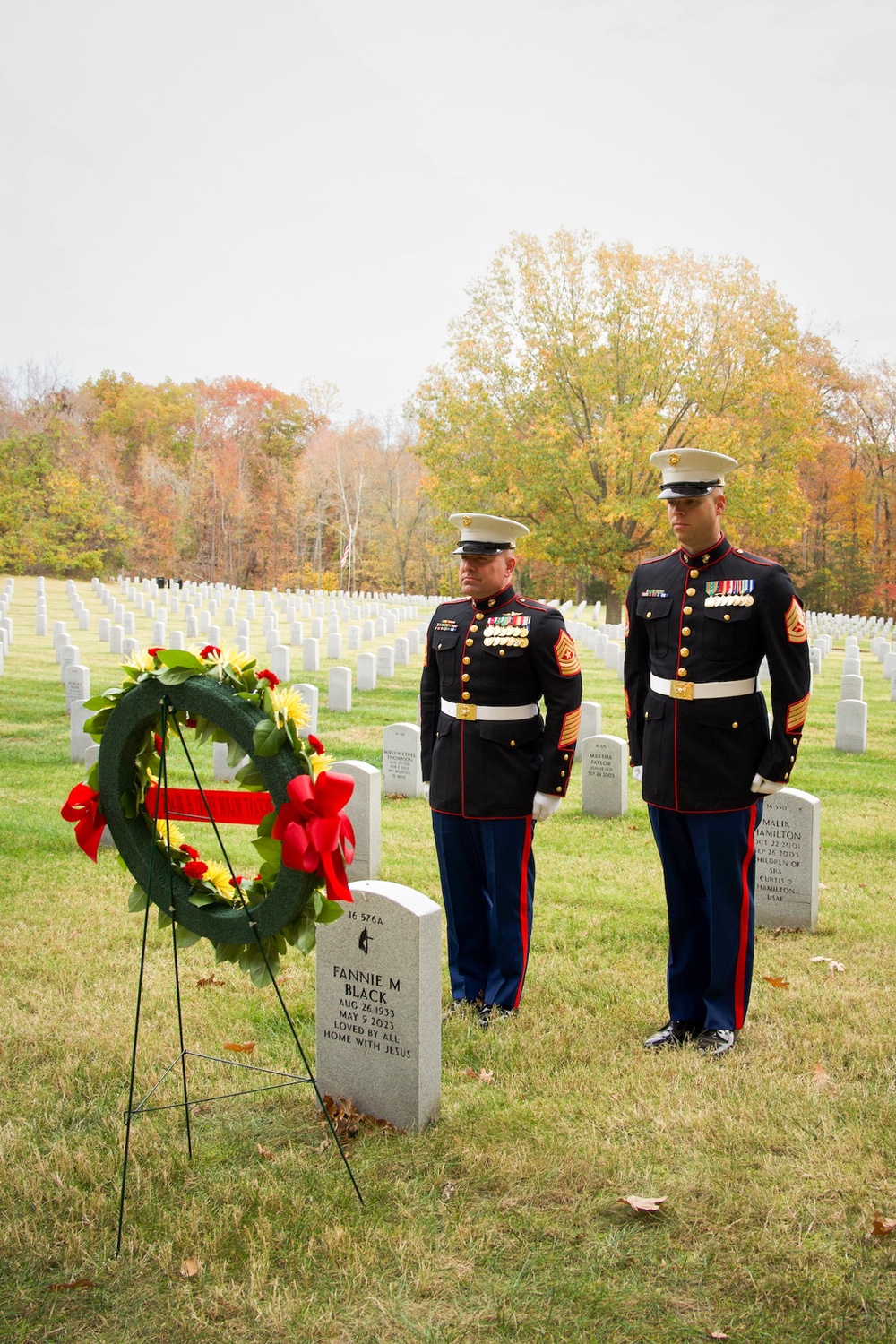 Honoring the fallen: U.S. Marines conduct a wreath laying ceremony to honor the seventh Sergeant Major of the Marine Corps