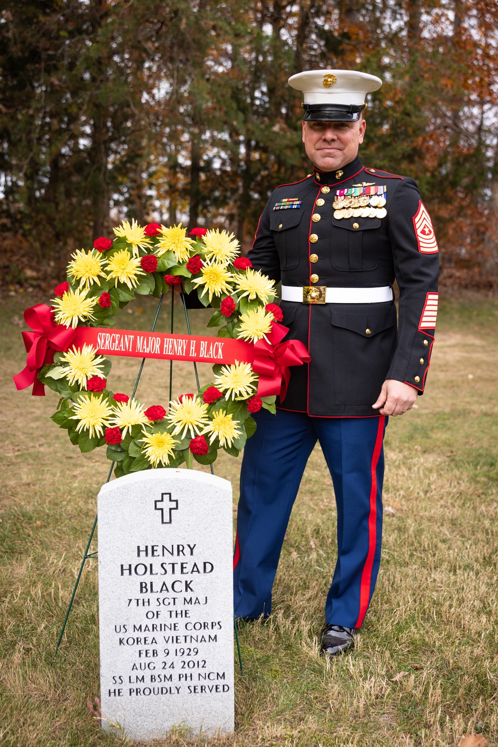 Honoring the fallen: U.S. Marines conduct a wreath laying ceremony to honor the seventh Sergeant Major of the Marine Corps