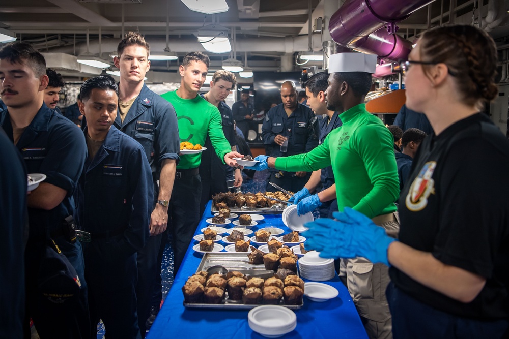 USS Ronald Reagan (CVN76) Sailors serve brunch