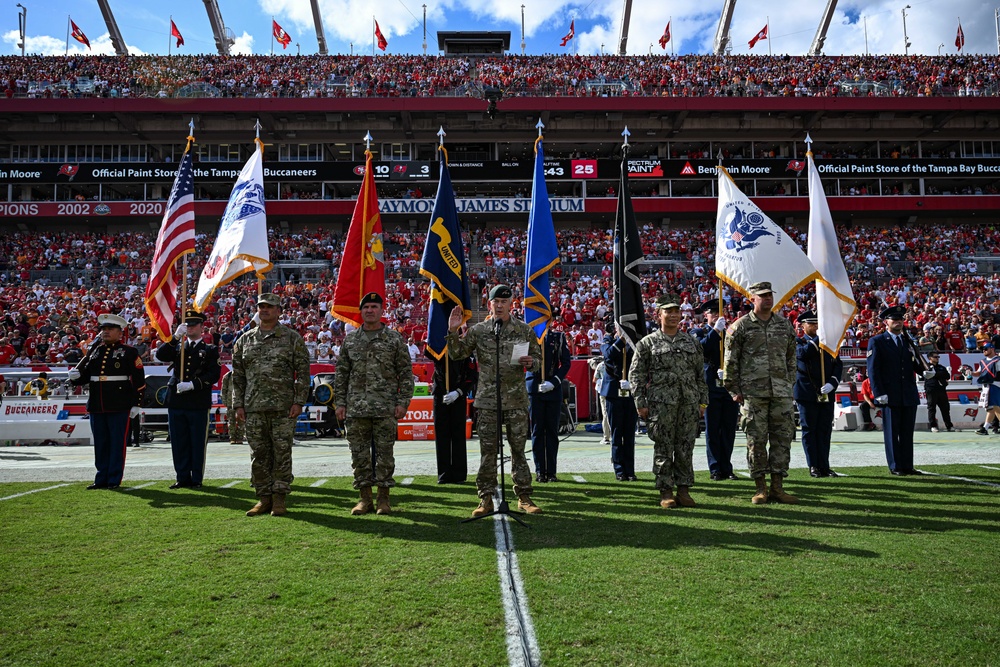 SOCOM commander administers oath of enlistement at Tampa Bay Buccaneers Salute to Service game