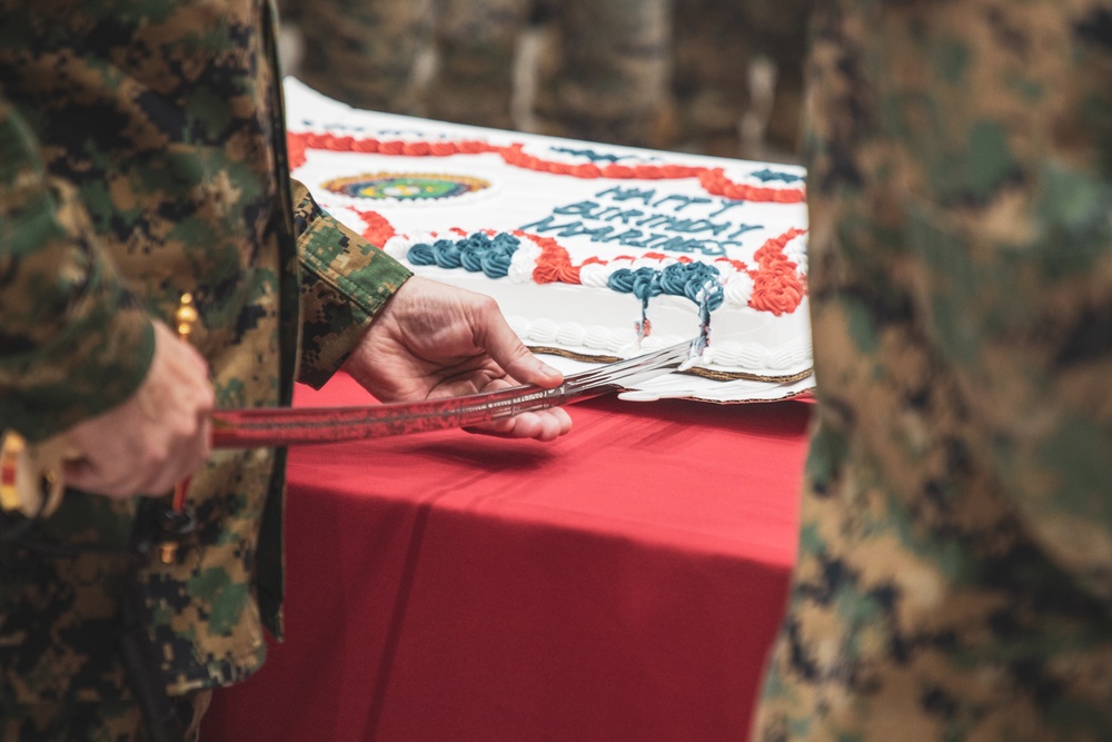 MARFORK Marines conduct a cake cutting ceremony for the 249th Marine Corps Birthday