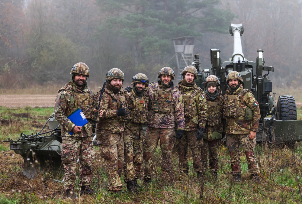 Italian Army artillery battery executes gun emplacement drills during Dynamic Front 25