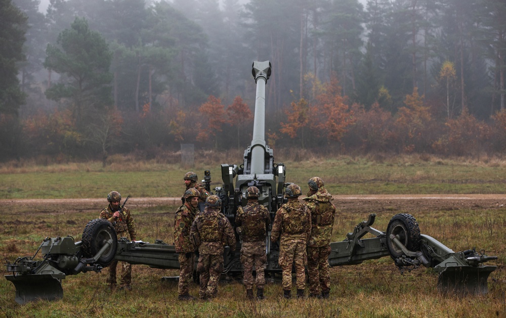 Italian Army artillery battery executes gun emplacement drills during Dynamic Front 25