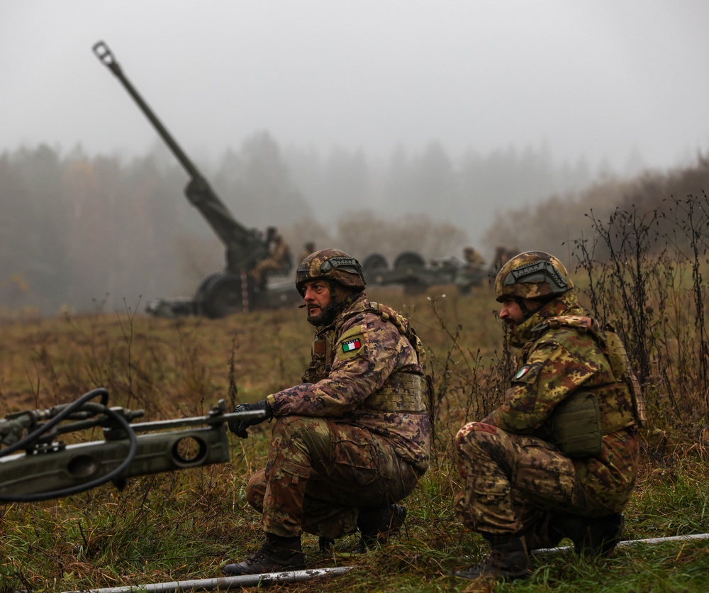 Italian Army artillery battery executes gun emplacement drills during Dynamic Front 25