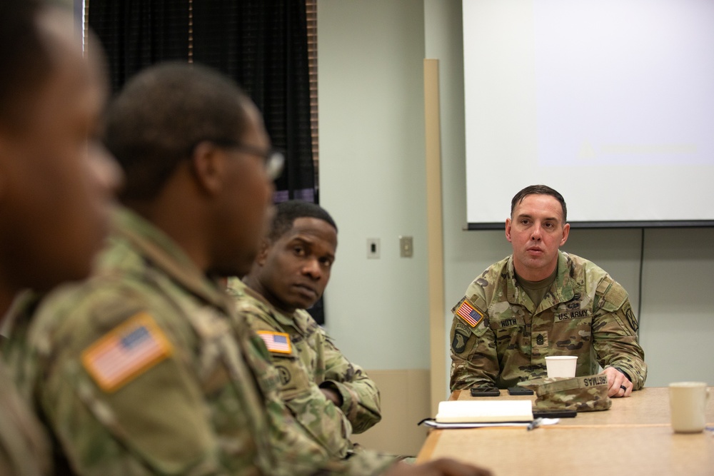 Sgt. Maj. Huth Listens to Soldiers During a Dining Facility Feedback Session