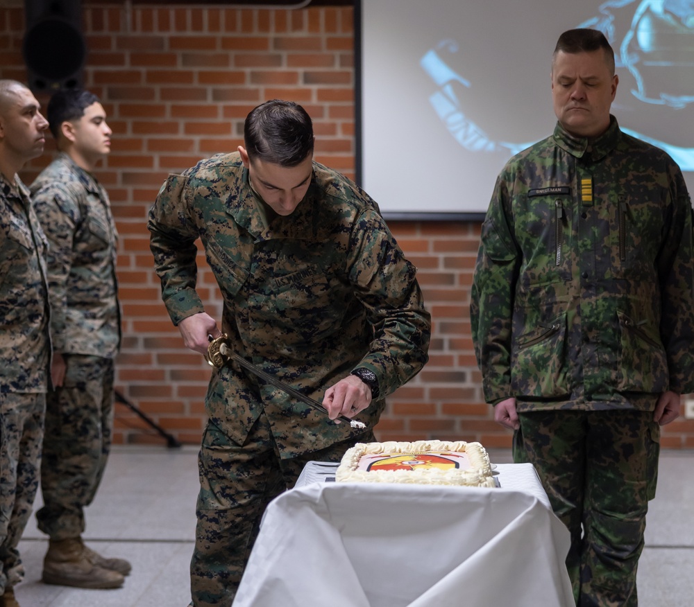 Marine Corps Cake Cutting Ceremony for the Marine Corps 249th Birthday in Finland