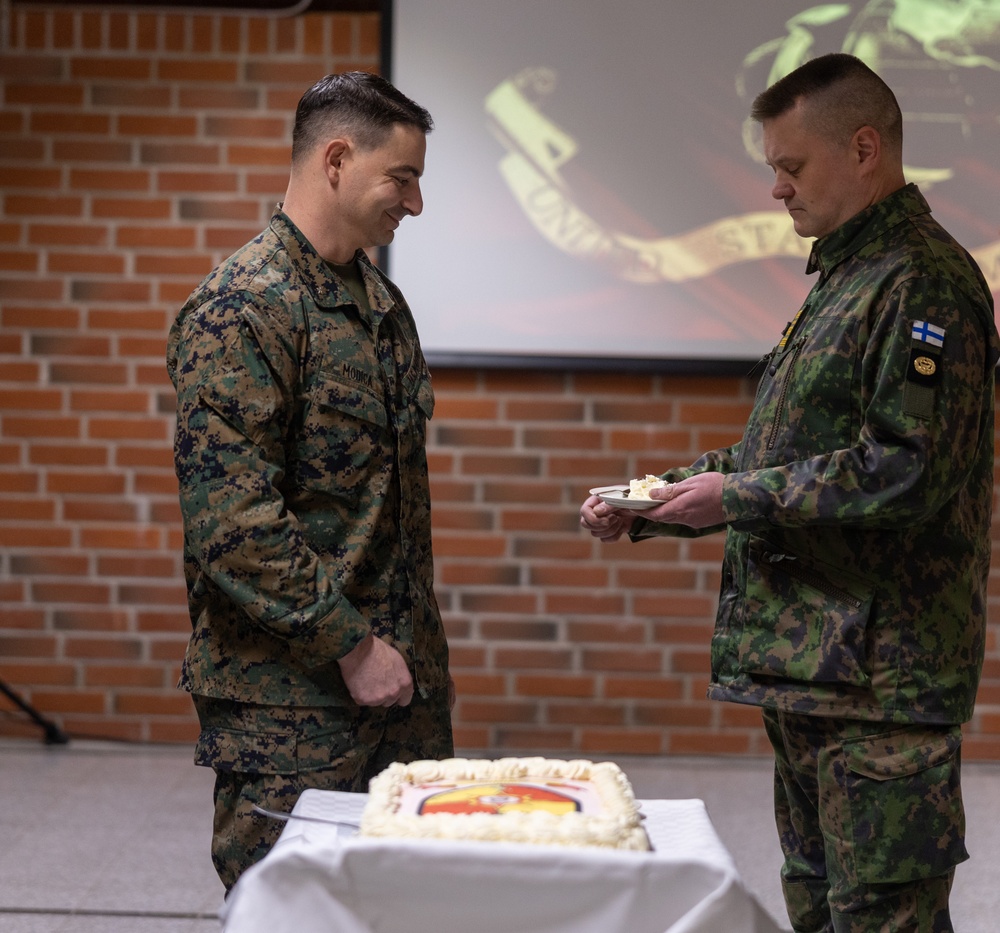 Marine Corps Cake Cutting Ceremony for the Marine Corps 249th Birthday in Finland