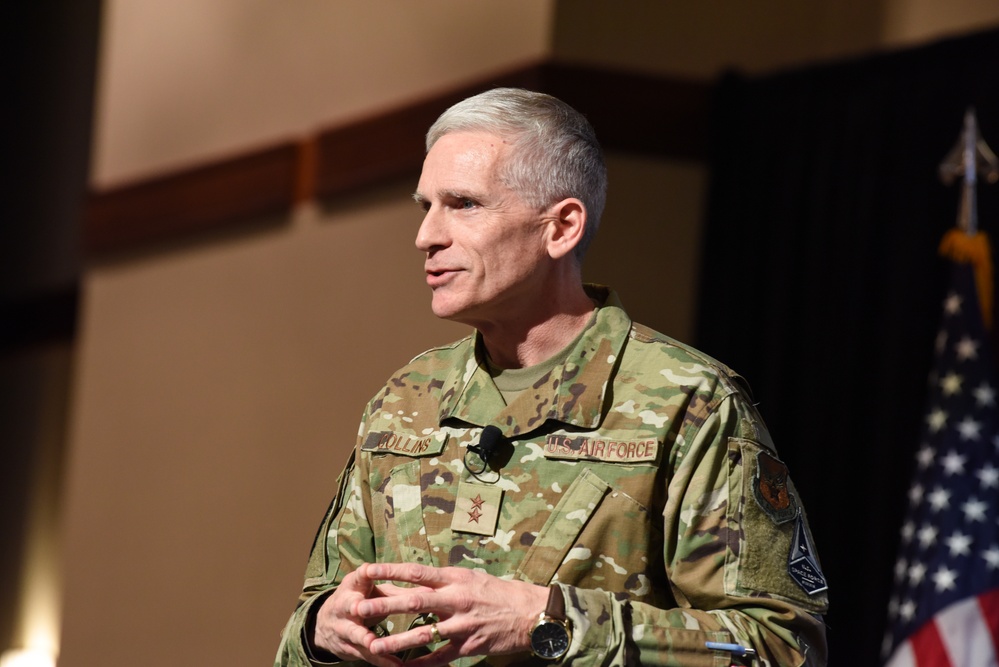 U.S. Air Force Maj. Gen. Sean T. Collins presents during the Senior Leader Workshop