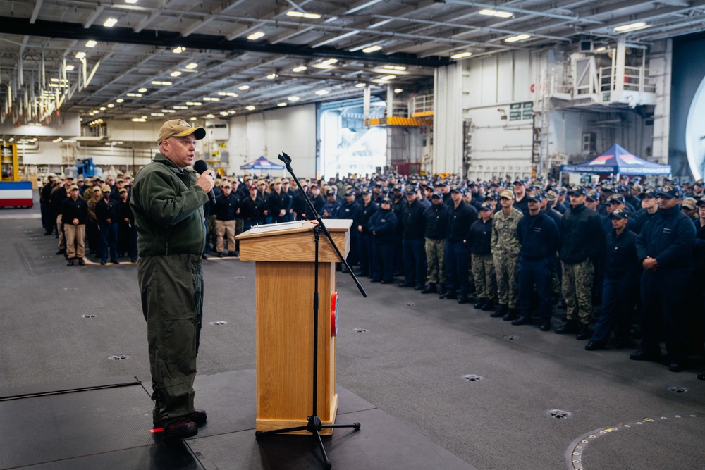 USS Ronald Reagan (CVN 76) hosts an all-hands call