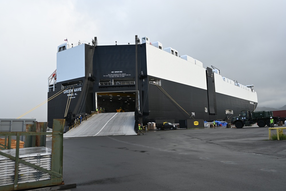 Rolling stock is offloaded at NAVSUP FLC Pearl Harbor Ocean Terminals