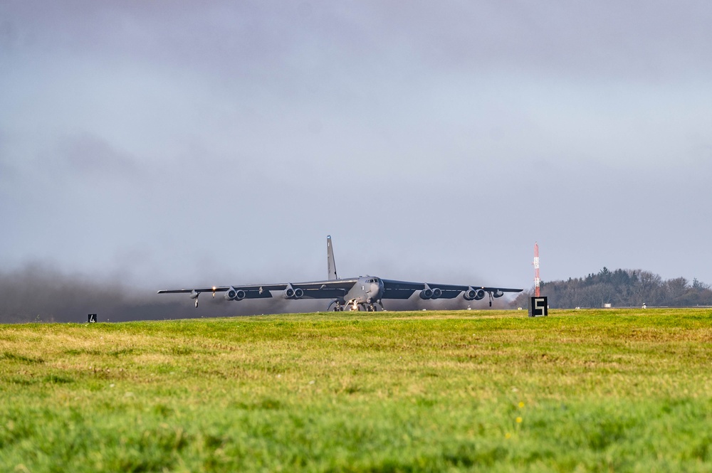 Two B-52s takeoff from RAF Fairford for Training Sortie