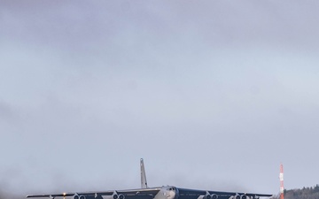 Two B-52s takeoff from RAF Fairford for Training Sortie