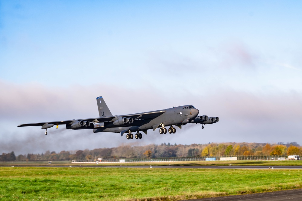 Two B-52s takeoff from RAF Fairford for Training Sortie