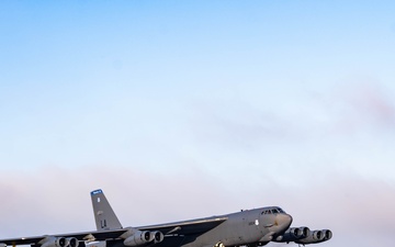 Two B-52s takeoff from RAF Fairford for Training Sortie