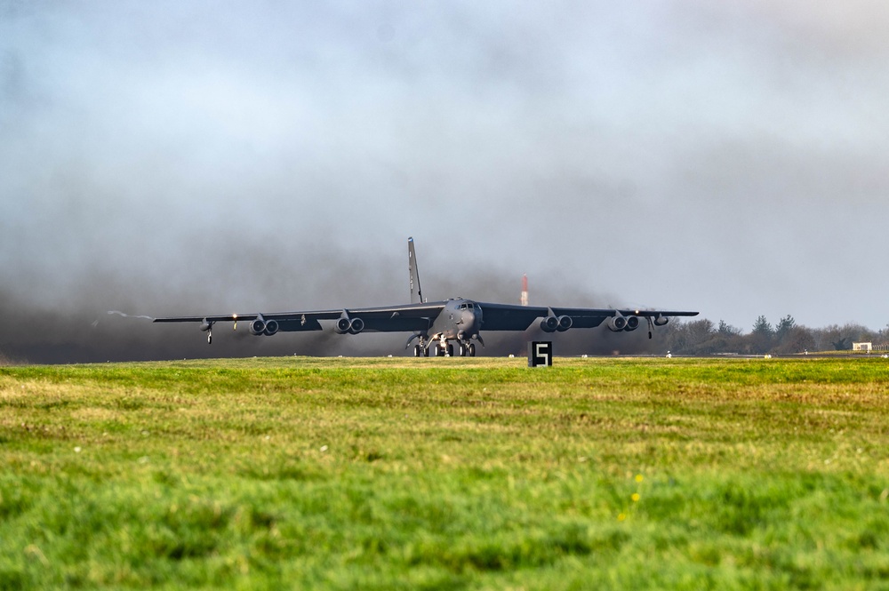 Two B-52s takeoff from RAF Fairford for Training Sortie