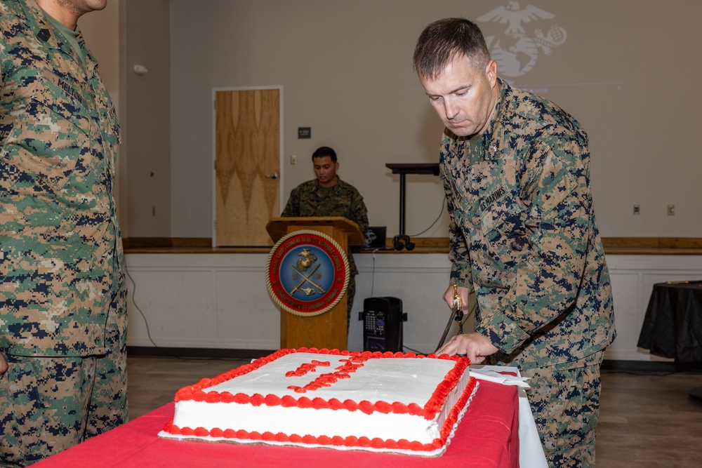 Marines with Ground Supply School celebrate the 249th birthday of the Marine Corps