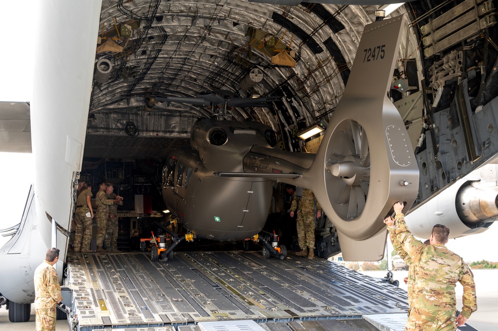 Airmen and Soldiers of the NCNG load UH-72B Lakota onto C-17 Globemaster III