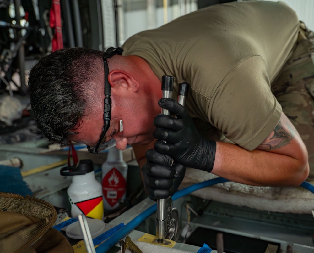 Underfloor repair of an HH-60G Pave Hawk helicopter