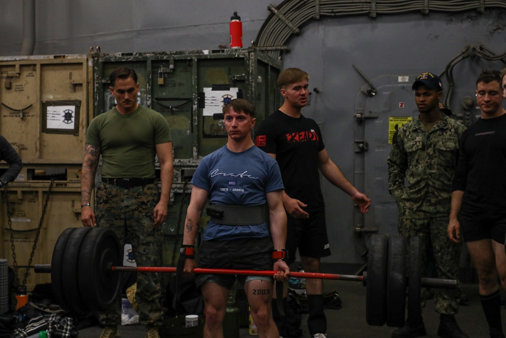 Marines and Sailors with the WSPARG-24th MEU (SOC) Participates in a Lifting Competition Aboard the USS Oak Hill (LSD 51)